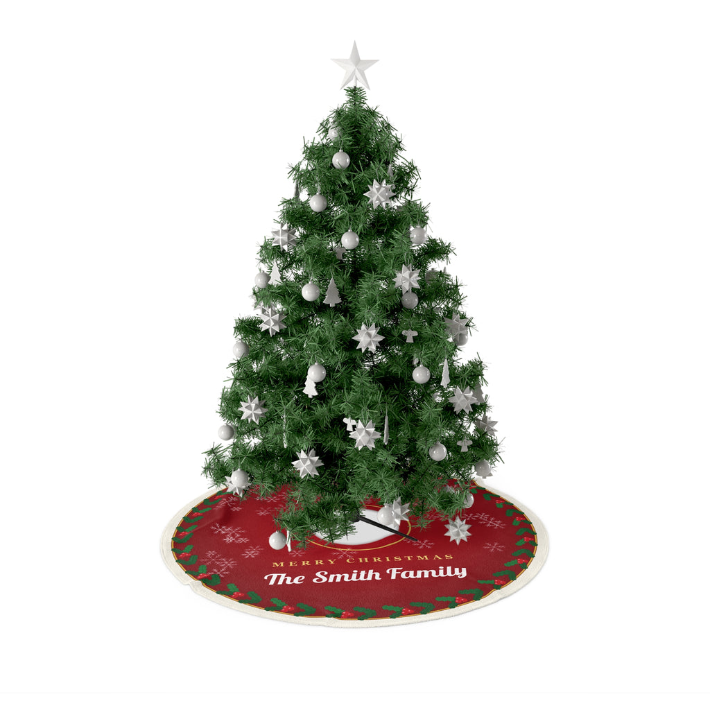 Personalised Family Name Christmas Tree Skirt - Classic Red Holly
