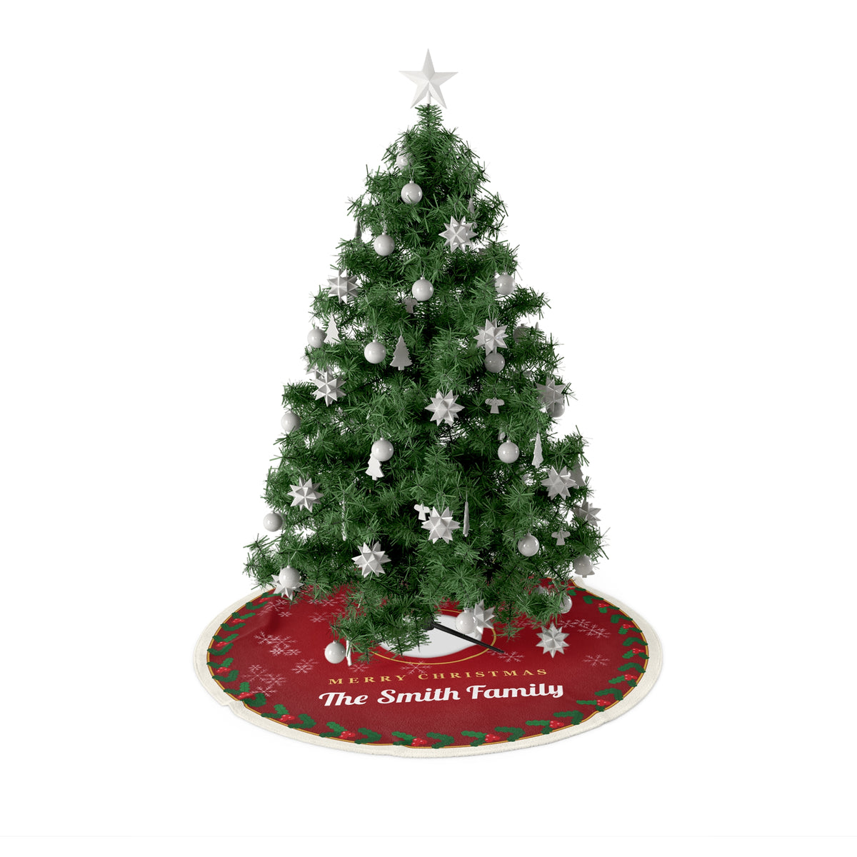 Personalised Family Name Christmas Tree Skirt - Classic Red Holly