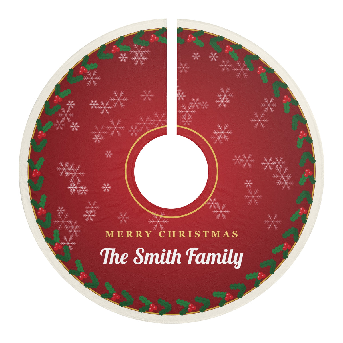 Personalised Family Name Christmas Tree Skirt - Classic Red Holly