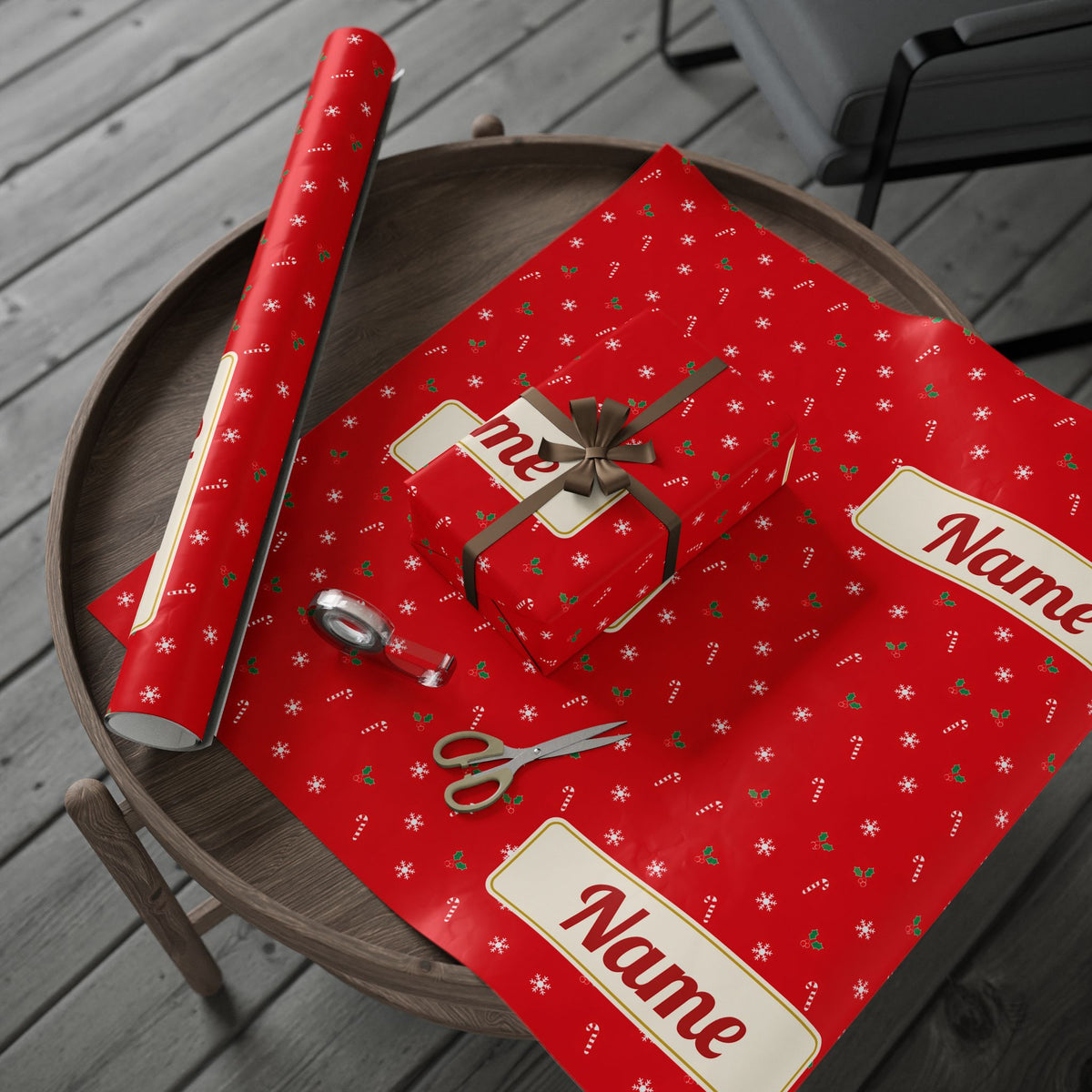 Personalised Name Christmas Wrapping Paper - Candy Cane Red