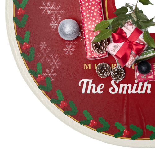 Personalised Family Name Christmas Tree Skirt - Classic Red Holly